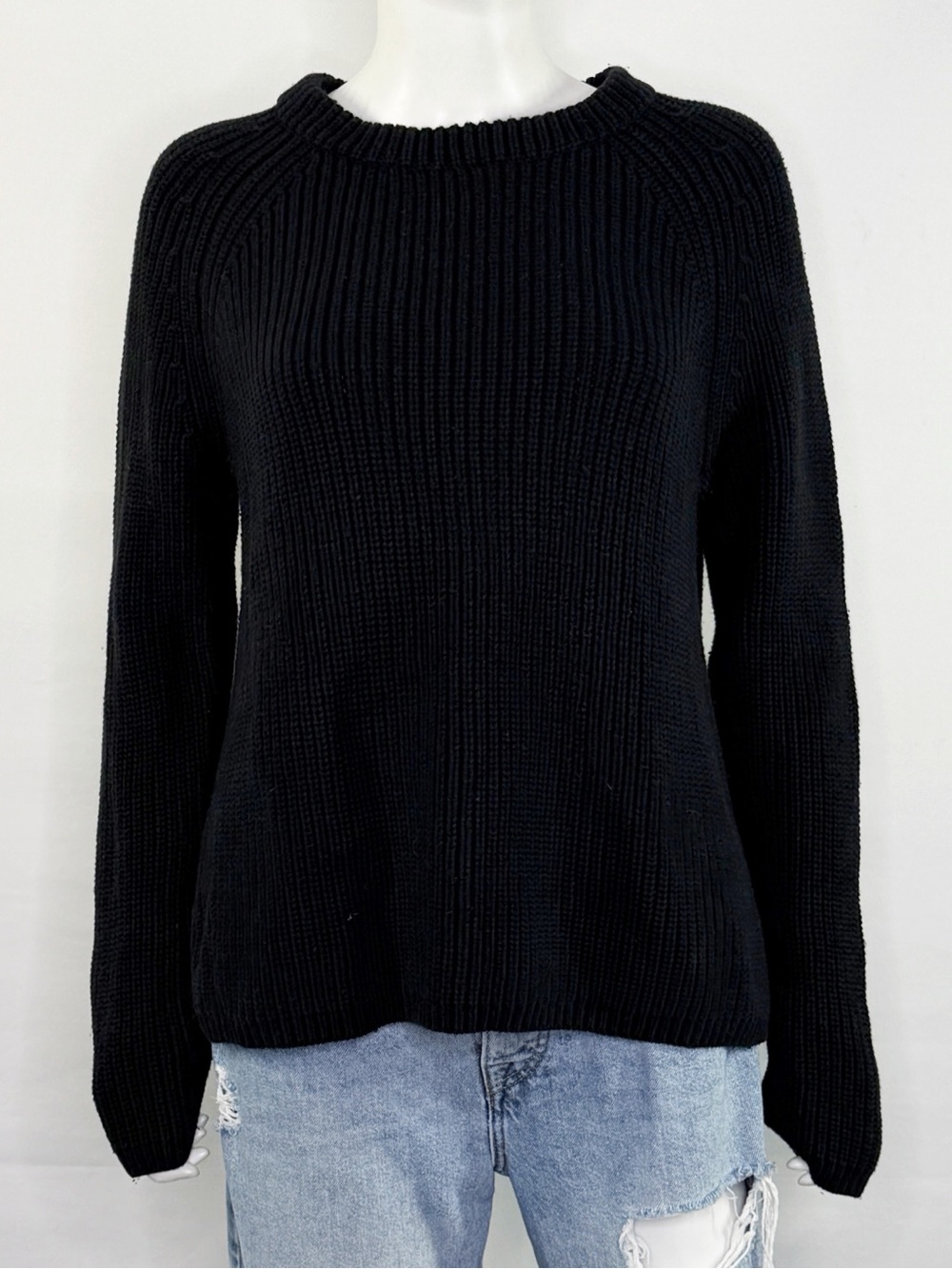 Quince Black Knit Sweater Size M Casual Crew Neck Loose Fit Long Sleeve Cotton